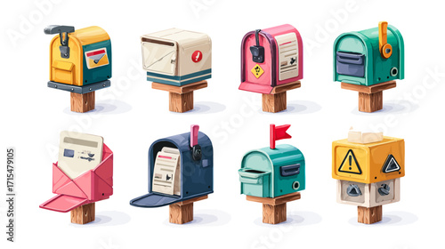 Collection of Colorful Mailboxes.