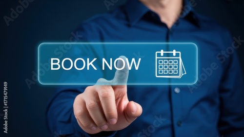 Book Now: a Man's Finger Presses Digital Booking Interface Icon, booking reservation via online.