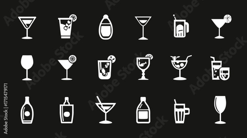 Collection of Drink Icons White on Black.