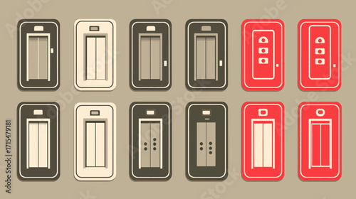 Collection of elevator door icons in various styles.