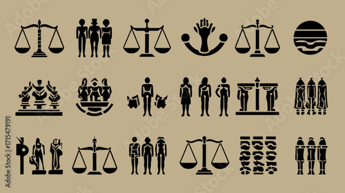 Collection of diverse pictogram icons representing balance, community, and equality.