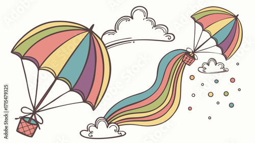Whimsical rainbow parachutes descending with baskets and clouds