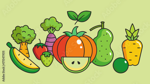 Colorful assortment of fresh fruits and vegetables illustration