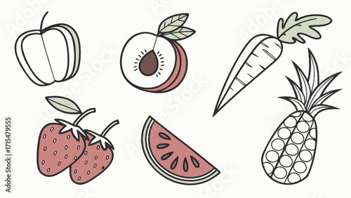 Assorted fruits and vegetable illustrations on a white background