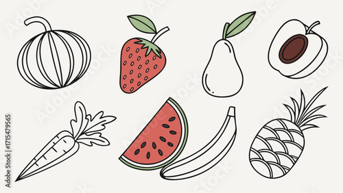 Collection of hand drawn fruits and vegetables on a light background