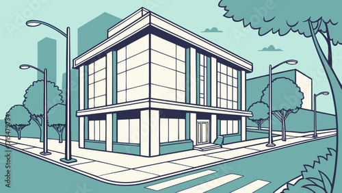 Modern building on a city street corner with trees and streetlights