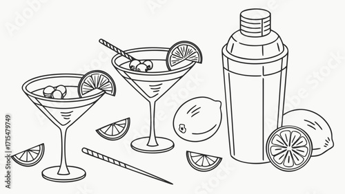 Cocktail ingredients and bar tools in a line drawing style