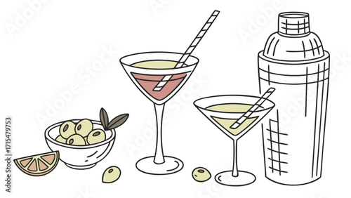 Cocktail party essentials with martini glasses and shaker