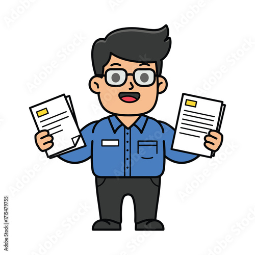 Smiling businessman mascot holding documents in both hands representing office work, corporate presentation and professional career vector illustration