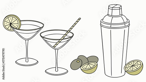 Cocktail ingredients and tools for a refreshing drink