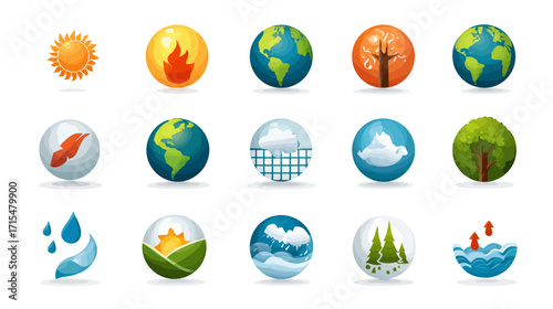 Global warming climate change icons set.