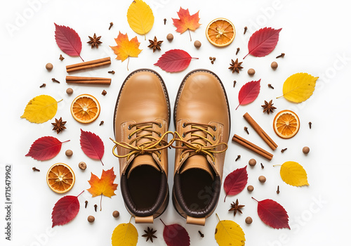 Tan Boots Surrounded by Autumn Leaves and Spices on White Background