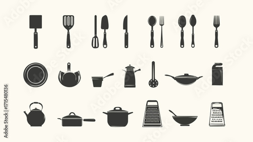 Kitchen Utensils and Cookware Icons Set.
