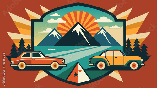 Retro road trip adventure through mountains and lakes