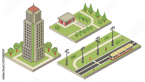 Isometric cityscape elements with skyscraper tram and buildings