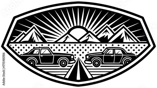 Vintage cars driving towards a mountain sunrise emblem