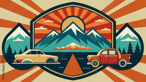 Retro mountain road trip with vintage cars and sunset