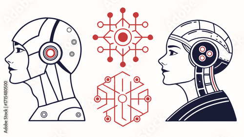 Futuristic robot heads and geometric circuit designs