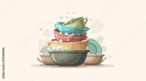 Stack of dirty dishes in a sink.