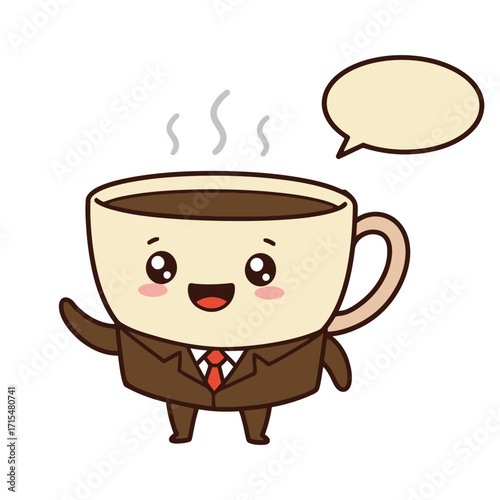 Coffee cup manager mascot with business tie powering morning standup in cute kawaii brown cream vector style isolated