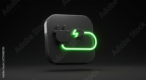 Sleek 3D icon with a glowing green neon line depicting a power plug connected to a cloud with a lightning bolt, representing cloud energy, EV charging, and modern technology