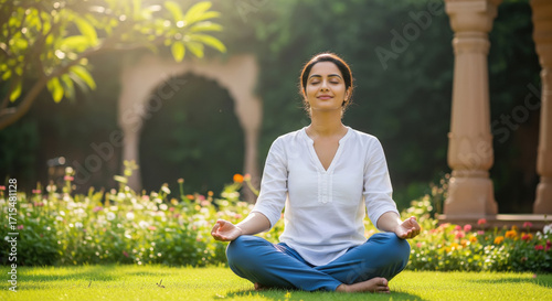 A woman sits cross-legged meditating on green grass in a sunlit garden surrounded by flowers and peaceful nature.