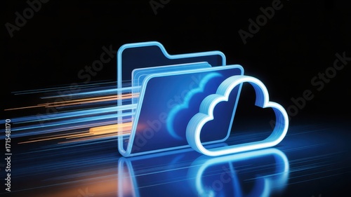 Digital Cloud Storage: Visual representation of data storage and access, the image features illuminated folder icons integrated with a cloud symbol.
