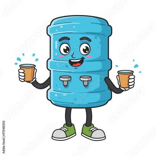 Water cooler mentor mascot clinking paper cups in rounded block cyan gray vector style isolated
