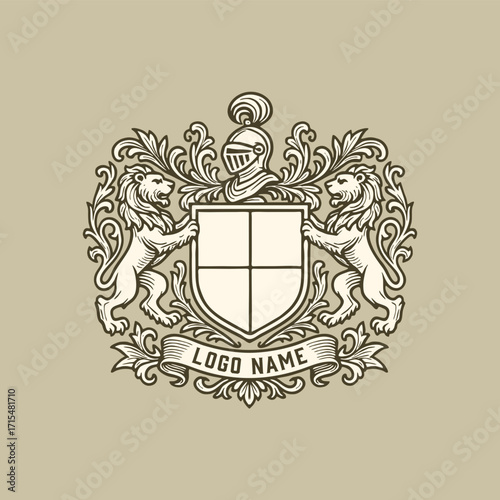 heraldic lion logo shield coat of arms family crest logo	
