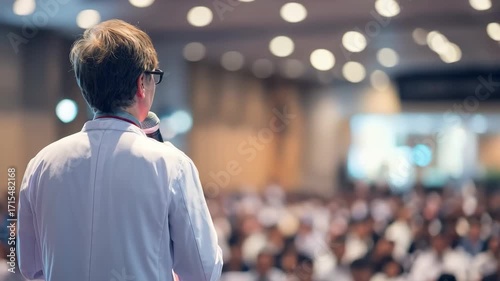 Doctor addresses an engaged audience at a science conference in a spacious venue during a notable medical symposium