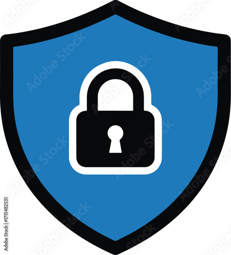 A blue shield icon with a black closed padlock symbol representing security, safety, and protection.