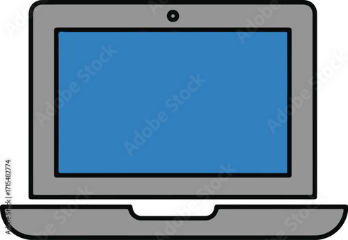 Simple cartoon illustration of a gray laptop computer with a blank blue screen, depicting a generic portable electronic device.