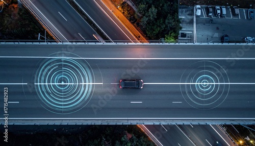 Wallpaper Mural Aerial view of an autonomous vehicle on an empty highway at night Torontodigital.ca