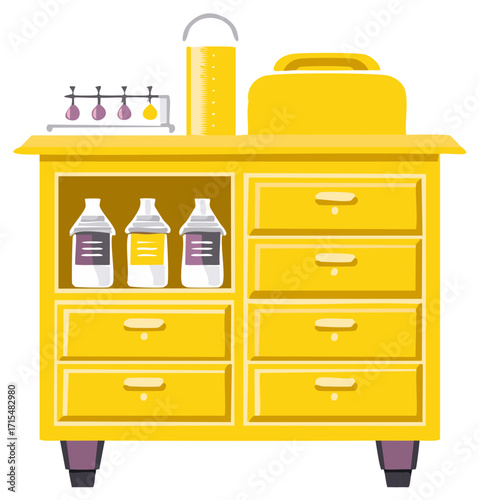 Vector illustration of a yellow laboratory cabinet with test tubes and chemical equipment