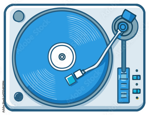 Simple cartoon illustration of a vintage turntable playing a blue vinyl record