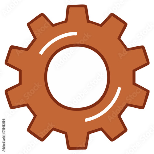 Detailed illustration of a gear wheel in copper color with outline, symbolizing connection and mechanical processes, flat design