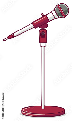 Classic microphone on a stand, broadcasting studio equipment with line art, podcasting and karaoke symbol