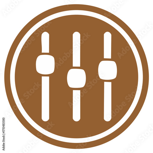 Three white vertical slider controls in a brown circle icon representing digital settings adjustments and customization options