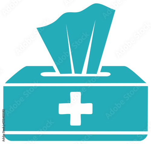 Teal Box of Facial Tissues with Cross Symbol. Hygiene Wipes Dispenser. Cleanliness Concept Icon, Silhouette.