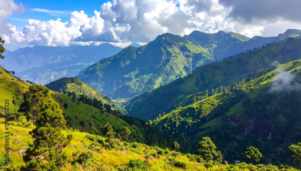 Fototapeta premium Serene Mountain Valley Landscape with Lush Greenery