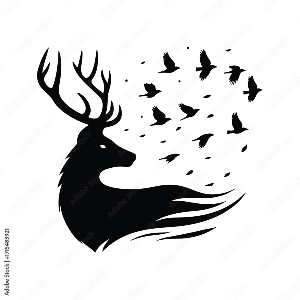 Fototapeta premium Deer looking back as birds fly behind it vector silhouette outline logo design concept illustration