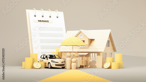 House car family coins and umbrella with insurance checklist on neutral beige background in bright yellow accent tone showing strong concept of insurance family care and financial stability. 3d render
