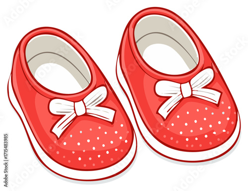 Cute red polka dot baby girl shoes with white bows vector illustration