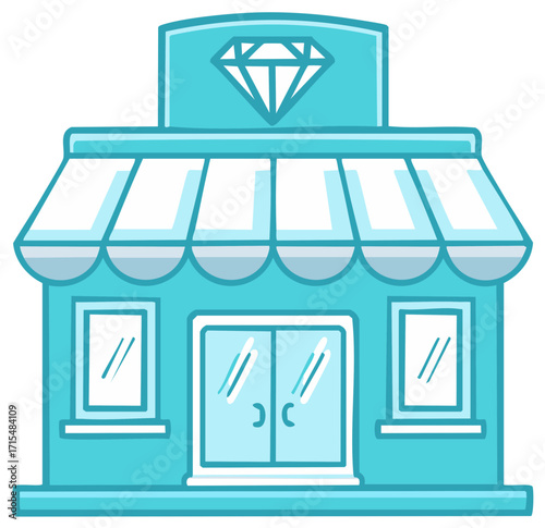 Turquoise jewelry store illustration with a diamond symbol and retail awning
