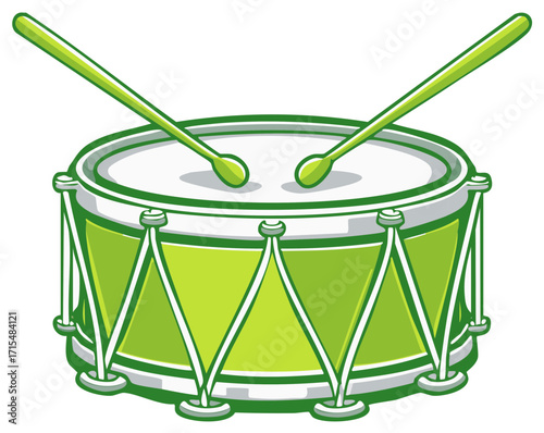 Illustration of a cheerful green drum with drumsticks poised to play music