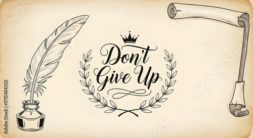 Inspirational hand-lettered quote “Don’t Give Up” in bold calligraphy with blue, green, and yellow accents on a clean white background, symbolizing motivation and perseverance