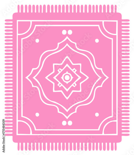 Vibrant Pink Traditional Islamic Prayer Rug Mat with Elegant White Geometric Pattern Illustration