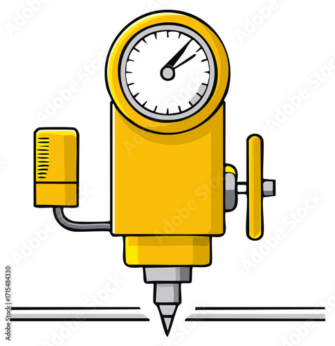 Cartoon industrial machine with clock measures cut, isolated on white vector illustration