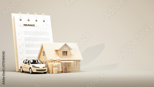 Family car and house with insurance checklist on beige background in minimal warm tone representing safety protection and stability. concept of insurance and family financial security. 3d render.