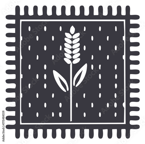 Minimalist graphic icon of a single wheat stalk in a rustic scalloped cracker frame